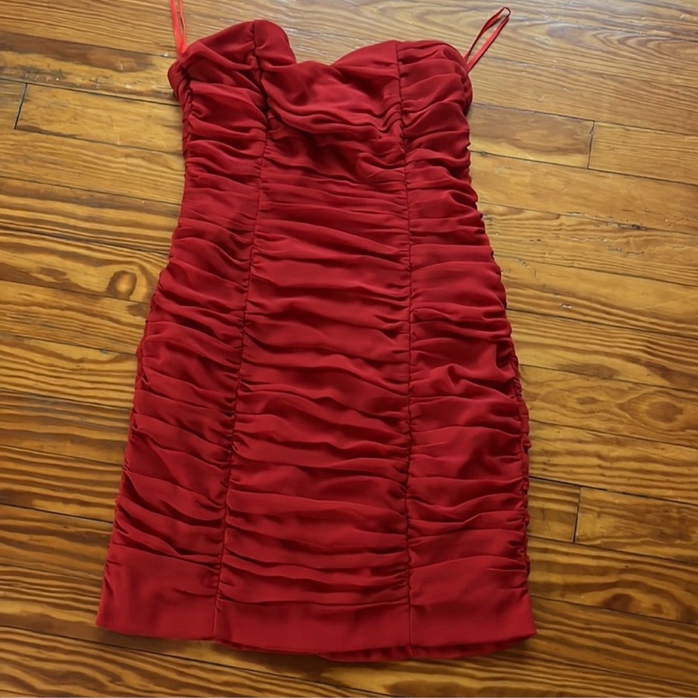 Red strapless ruched mini dress, by H&M. Size 10